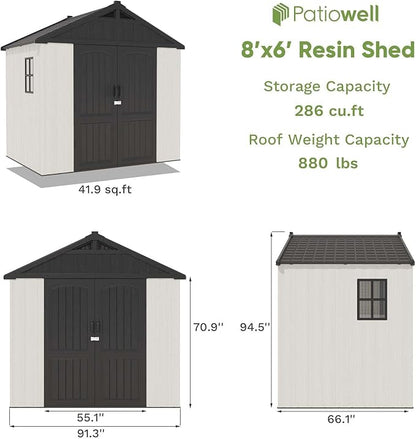 Patiowell 8 x 6 FT Plastic Outdoor Storage Shed with Floor, Resin Shed with Window and Lockable Door for Garden, Backyard, Tool Storage Use, Easy to Install in Beige (Kick-it Shed)