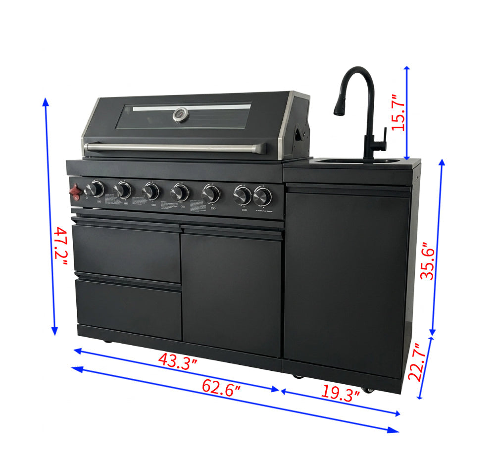 63" 6-Burner 85000 BTU Black Outdoor Kitchen Island Grill + Marble Countertops + Sink