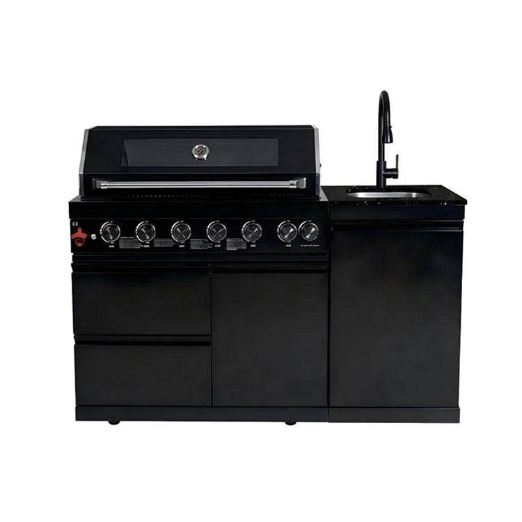 63" 6-Burner 85000 BTU Black Outdoor Kitchen Island Grill + Marble Countertops + Sink