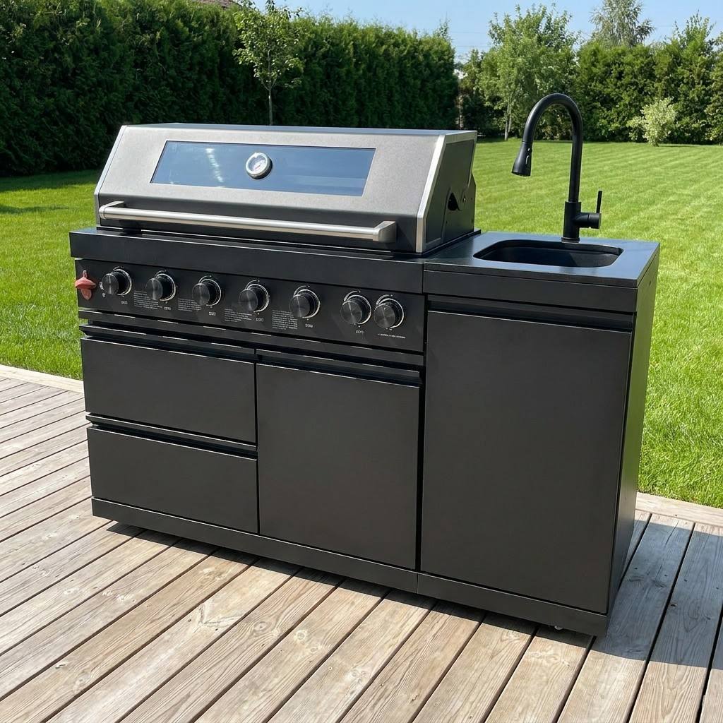 63" 6-Burner 85000 BTU Black Outdoor Kitchen Island Grill + Marble Countertops + Sink
