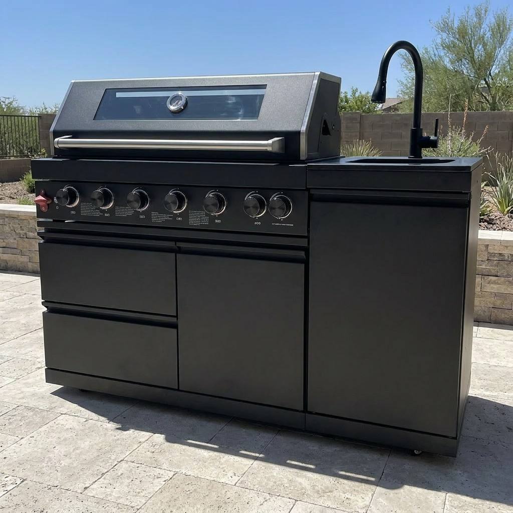 63" 6-Burner 85000 BTU Black Outdoor Kitchen Island Grill + Marble Countertops + Sink