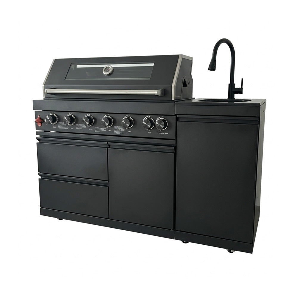 63" 6-Burner 85000 BTU Black Outdoor Kitchen Island Grill + Marble Countertops + Sink