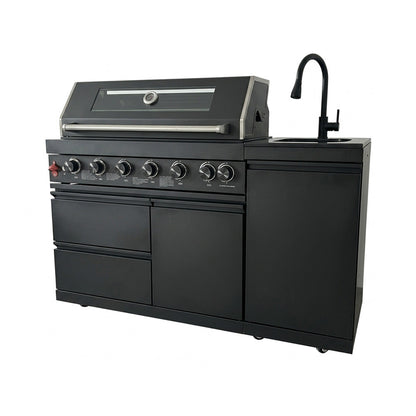 63" 6-Burner 85000 BTU Black Outdoor Kitchen Island Grill + Marble Countertops + Sink