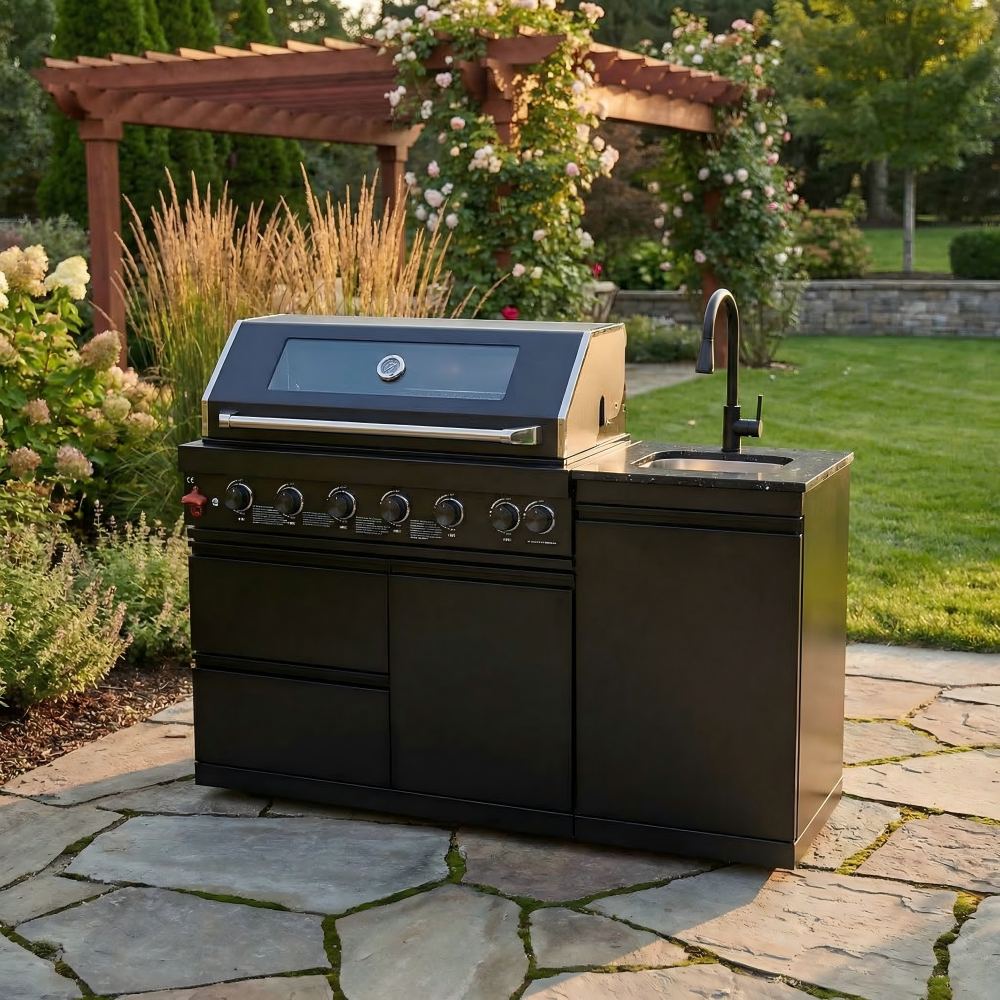 63" 6-Burner 85000 BTU Black Outdoor Kitchen Island Grill + Marble Countertops + Sink