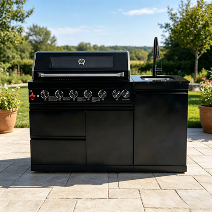 63" 6-Burner 85000 BTU Black Outdoor Kitchen Island Grill + Marble Countertops + Sink