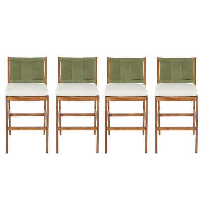 4 Pieces Arly Green Outdoor Bar Stool Solid Acacia Wood and Woven Wicker
