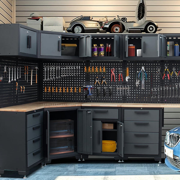 15-Piece Corner Garage Storage Cabinet System - Heavy Duty Workshop Set w/Corner Cabinet Includes Workbench, Pegboard & Lockable Drawers | Metal Tool Organization System for Garage/Workshop