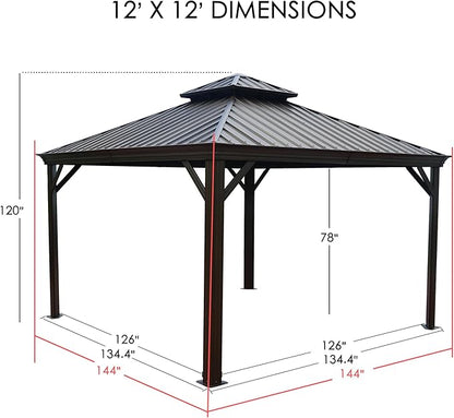 Kozyard Alexander 12' X 12' Hardtop Gazebo, Aluminum Metal Gazebo with Galvanized Steel Double Roof Canopy, Curtain and Netting for Patio Backyard Deck Lawn Brown