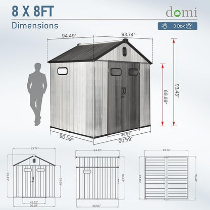 Domi 8x8 FT Outdoor Resin Storage Shed, All-Weather Double-Wall Storage Building for Backyard, Garden, Lawn Tools, Mower, Bike & Pool Equipment, Lockable Doors, Ventilated Roof, Grey
