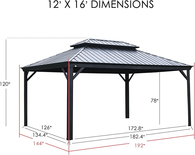 Kozyard Alexander 12‘ X 16’ Hardtop Aluminum Permanent Gazebo with a Mosquito Net and Privacy Sidewalls, Permanent Gazebo Pavilion for Patio, Backyard (Alexander 12'x16' (Brown))