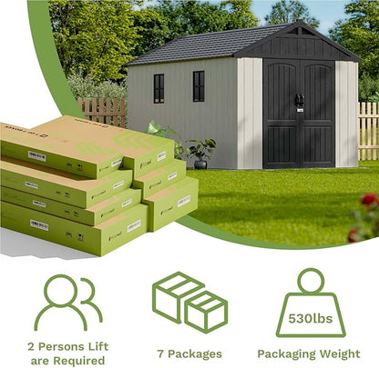 Patiowell 8 x 12 FT Plastic Outdoor Storage Shed with Floor, Resin Shed with Window and Lockable Door for Garden, Backyard, Tool Storage Use, Easy to Install in Beige (Kick-it Shed)