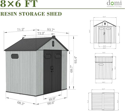 Domi 8x6FT Outdoor Resin Storage Shed with Transparent Windows & Louvered Vents, Plastic Tool Shed with Double Lockable Doors & Gable Roof, Outside Garden Shed for Backyard, Patio, Lawn, Grey