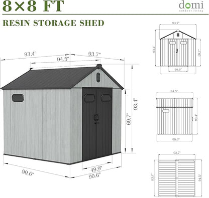 Domi 8x8FT Outdoor Resin Storage Shed with Transparent Windows & Louvered Vents, Plastic Tool Shed with Double Lockable Doors & Gable Roof, Outside Garden Shed for Backyard, Patio, Lawn, Grey
