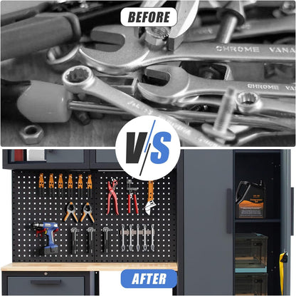 7-Pcs Garage Storage Cabinet System - Workshop Set With Steel Drawers, Workbench, Pegboard for Tool Organization