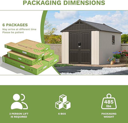 Patiowell 8 x 10 FT Resin Outdoor Storage Shed with Floor, Plastic Shed with Window and Lockable Door for Garden, Backyard, Tool Storage Use, Easy to Install in Beige (Kick-it Shed)