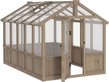 6x10 FT Green House for Outdoor, 6MM Thick Polycarbonate Panel Wooden Walk-in Greenhouse Kit with Lockable Door and Adjustable Roof Vent, Backyard Garden, Light Mocha Brown