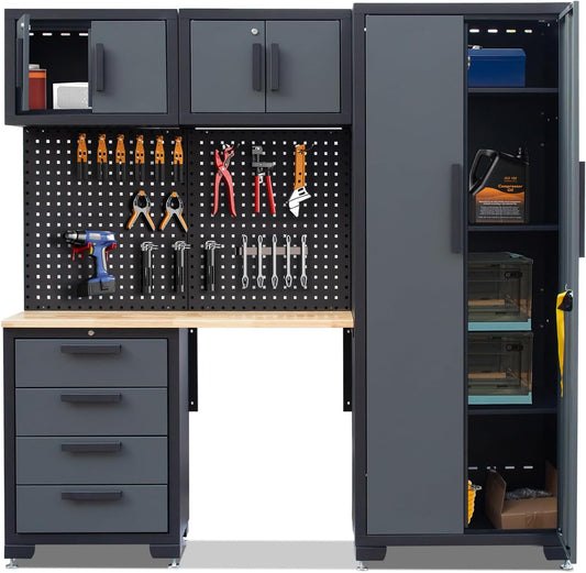 7-Pcs Garage Storage Cabinet System - Workshop Set With Steel Drawers, Workbench, Pegboard for Tool Organization