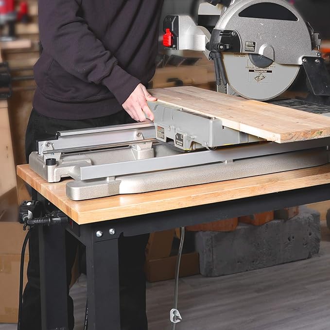 WORKPRO 48" Adjustable Workbench, Rubber Wood Top Heavy-Duty Workstation, 2000 LBS Load Capacity Hardwood Worktable with Power Outlets, for Workshop, Garage, Pack of 10