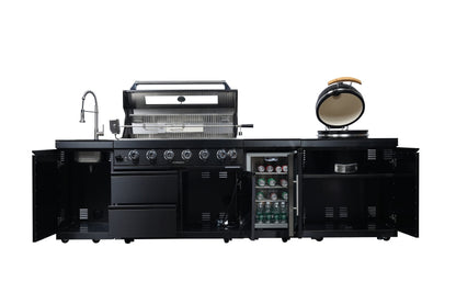 Black 115-Inch 85000-BTU Stainless Steel Gas Outdoor Kitchen Bar Barbecue Island Grill with Kamado grill ,Wine Cooler Compact Refrigerator Rotisserie Granite Countertops Storage Cabinets & Drawers