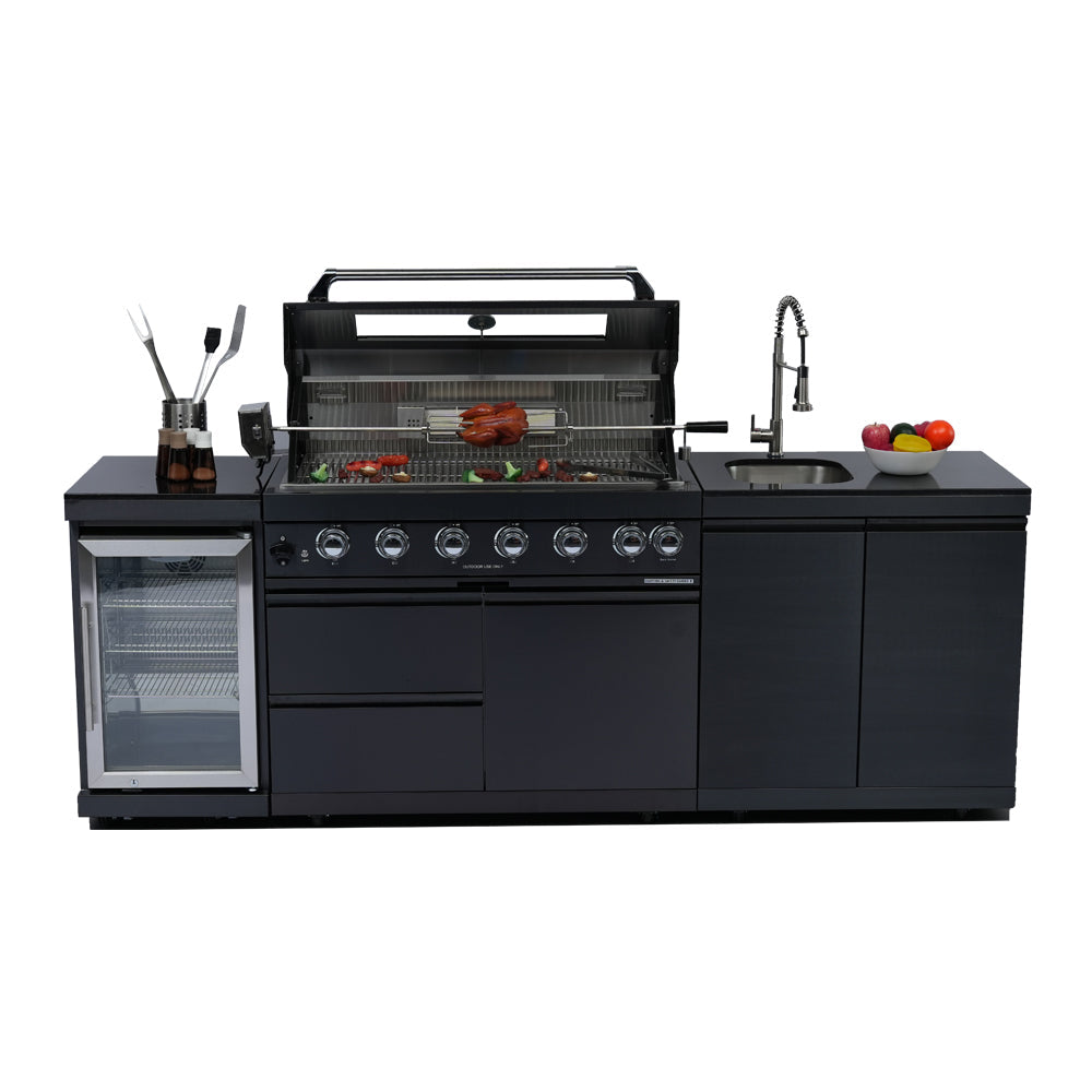 NG 95" 6-Burner 85000 BTU Black Outdoor Kitchen Island Grill Rotisserie kit Granite Countertops