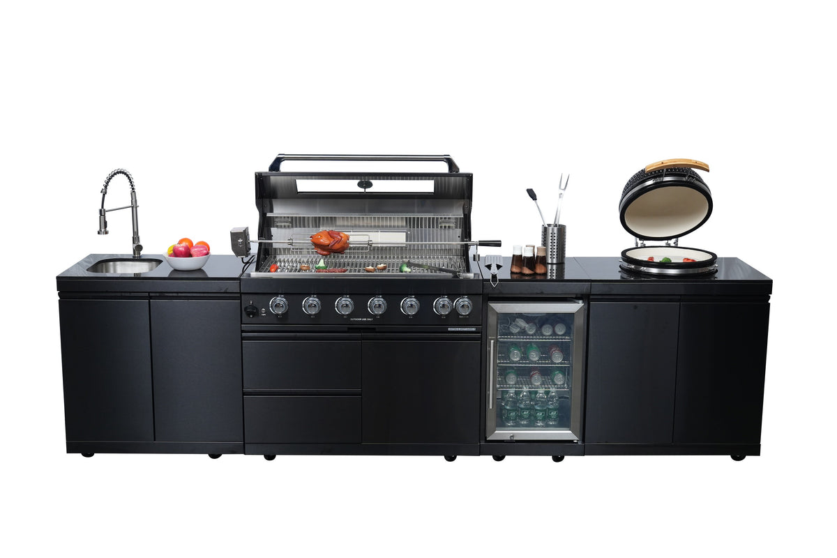 Black 128-Inch 85000-BTU Stainless Steel Gas Outdoor Kitchen Bar Barbecue Island Grill with Kamado grill ,Wine Cooler Compact Refrigerator Rotisserie Granite Countertops Storage Cabinets & Drawers