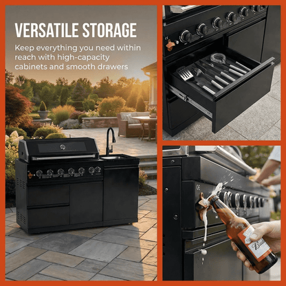 63" 6-Burner 85000 BTU Black Outdoor Kitchen Island Grill + Marble Countertops + Sink