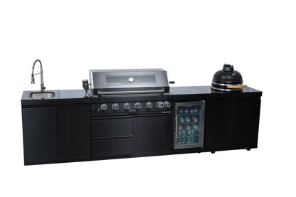 Black 128-Inch 85000-BTU Stainless Steel Gas Outdoor Kitchen Bar Barbecue Island Grill with Kamado grill ,Wine Cooler Compact Refrigerator Rotisserie Granite Countertops Storage Cabinets & Drawers