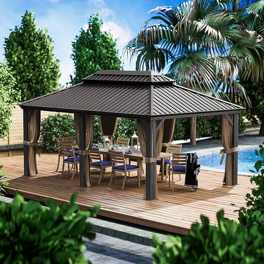 Kozyard Alexander 12' X 18' Hardtop Permanent Aluminum Metal Gazebo with Galvanized Steel Double Roof Canopy, Curtain and Netting, Gazebo Pavilion for Patio, Backyard, Deck, Lawn (Brown)