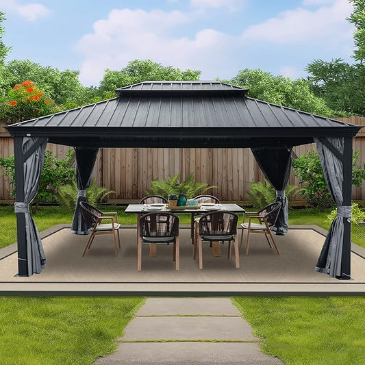 Kozyard Alexander 12' X 16' Hardtop Permanent Aluminum Metal Gazebo with Galvanized Steel Double Roof Canopy, Curtain and Netting Pavilion for Patio, Backyard, Deck, Lawn (Gray)