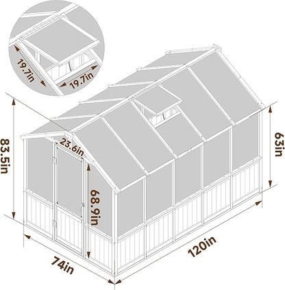 6x10 FT Green House for Outdoor, 6MM Thick Polycarbonate Panel Wooden Walk-in Greenhouse Kit with Lockable Door and Adjustable Roof Vent, Backyard Garden, Light Mocha Brown