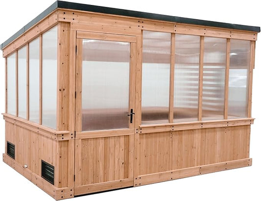 Backyard Discovery Zalie 11' x 7' Cedar Wood and Polycarbonate Walk-in Greenhouse Kit with Exhaust Fan, Windows, Hose Hook-Ups, PowerPort, Staging Shelves for Year-Round Outdoor Gardening