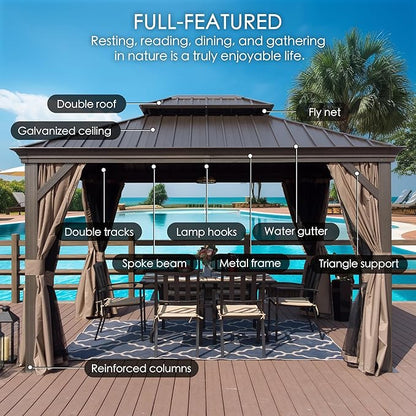 Kozyard Alexander 12' X 20' Permanent Aluminum Hardtop Gazebo with Galvanized Steel Double Roof Canopy, Curtain and Netting or Patio, Backyard, Deck, Lawn (Brown)