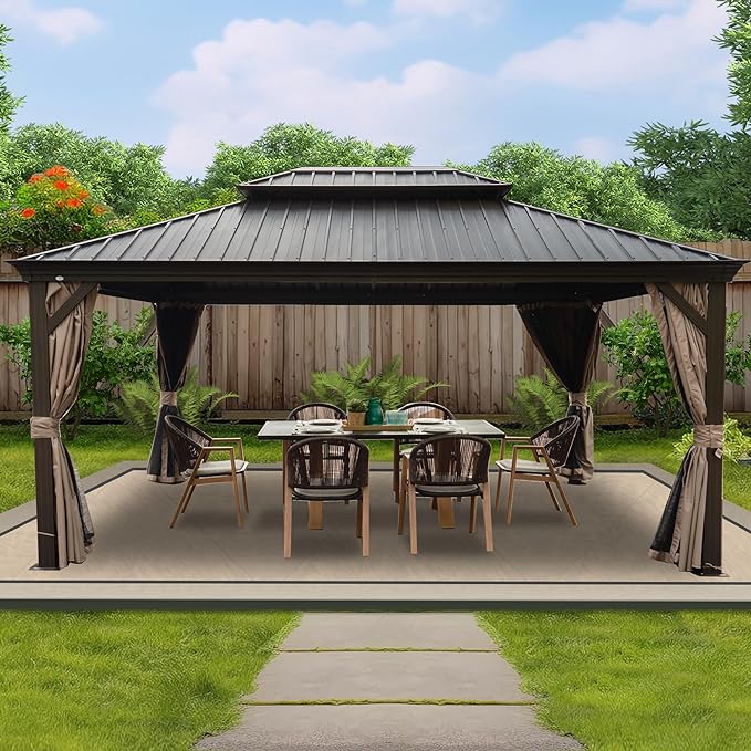 Kozyard Alexander 12‘ X 16’ Hardtop Aluminum Permanent Gazebo with a Mosquito Net and Privacy Sidewalls, Permanent Gazebo Pavilion for Patio, Backyard (Alexander 12'x16' (Brown))