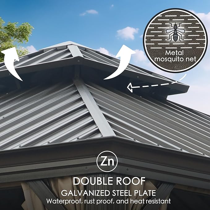 Kozyard Alexander 12' X 20' Permanent Aluminum Hardtop Gazebo with Galvanized Steel Double Roof Canopy, Curtain and Netting or Patio, Backyard, Deck, Lawn (Brown)
