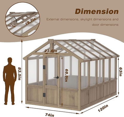6x10 FT Green House for Outdoor, 6MM Thick Polycarbonate Panel Wooden Walk-in Greenhouse Kit with Lockable Door and Adjustable Roof Vent, Backyard Garden, Light Mocha Brown