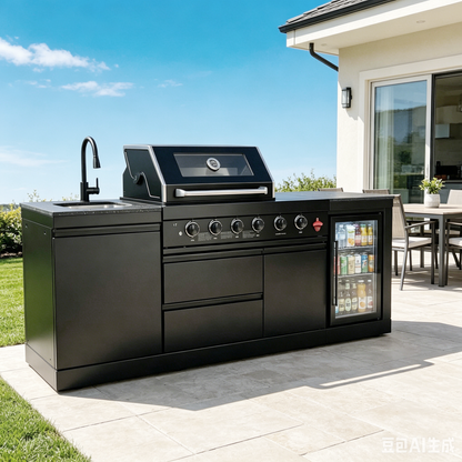 85" 4-Burner 72000 BTU Black Outdoor Kitchen Island Grill with Compact Refrigerator Marble Countertops Sink