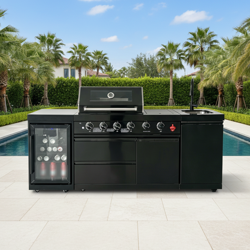 85" 4-Burner 72000 BTU Black Outdoor Kitchen Island Grill with Compact Refrigerator Marble Countertops Sink