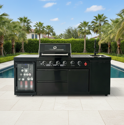 85" 4-Burner 72000 BTU Black Outdoor Kitchen Island Grill with Compact Refrigerator Marble Countertops Sink