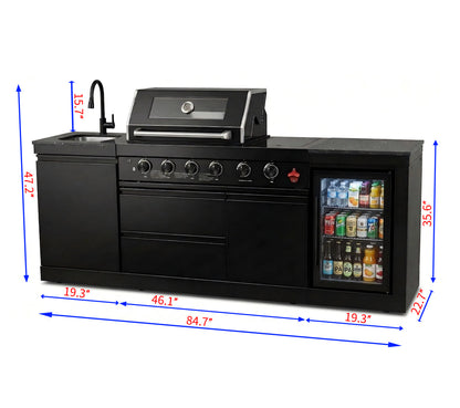 85" 4-Burner 72000 BTU Black Outdoor Kitchen Island Grill with Compact Refrigerator Marble Countertops Sink