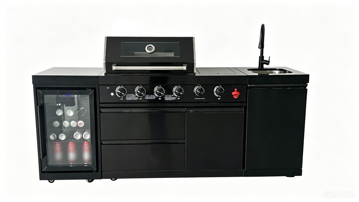 85" 4-Burner 72000 BTU Black Outdoor Kitchen Island Grill with Compact Refrigerator Marble Countertops Sink