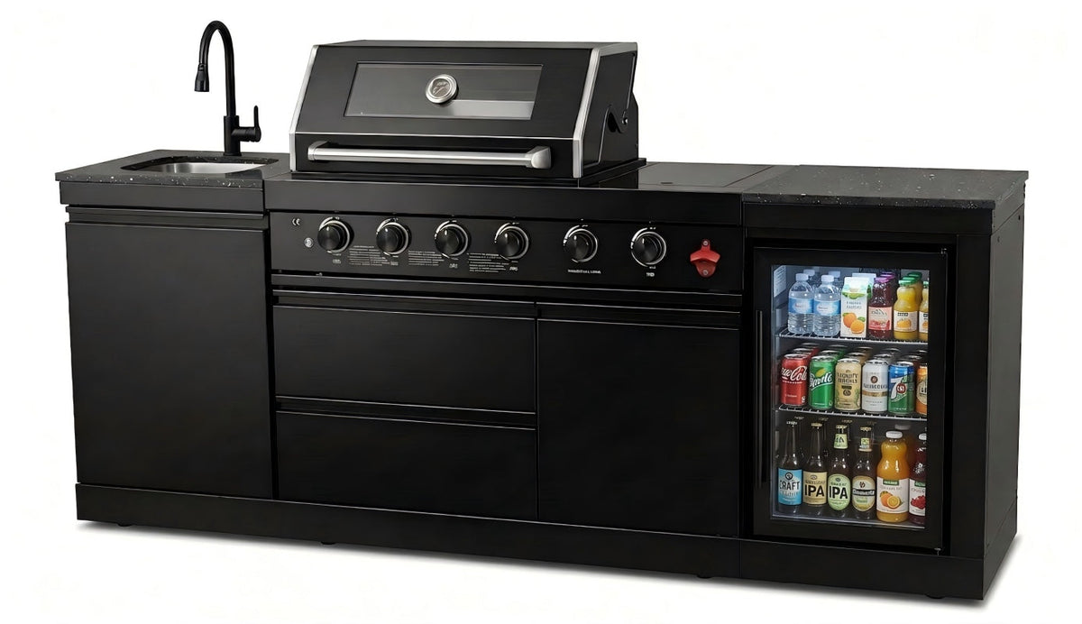 85" 4-Burner 72000 BTU Black Outdoor Kitchen Island Grill with Compact Refrigerator Marble Countertops Sink