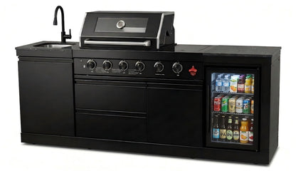 85" 4-Burner 72000 BTU Black Outdoor Kitchen Island Grill with Compact Refrigerator Marble Countertops Sink