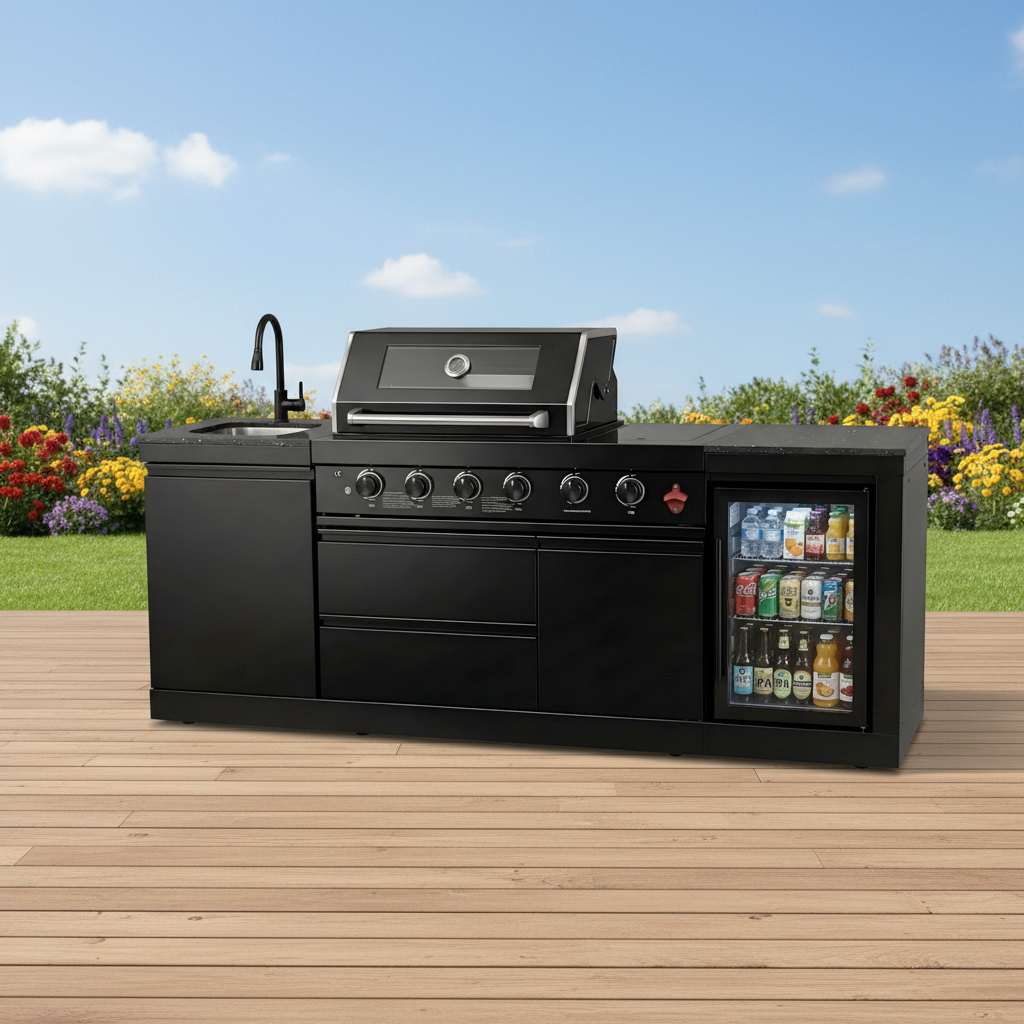 85" 4-Burner 72000 BTU Black Outdoor Kitchen Island Grill with Compact Refrigerator Marble Countertops Sink