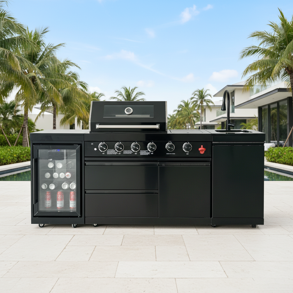 85" 4-Burner 72000 BTU Black Outdoor Kitchen Island Grill with Compact Refrigerator Marble Countertops Sink
