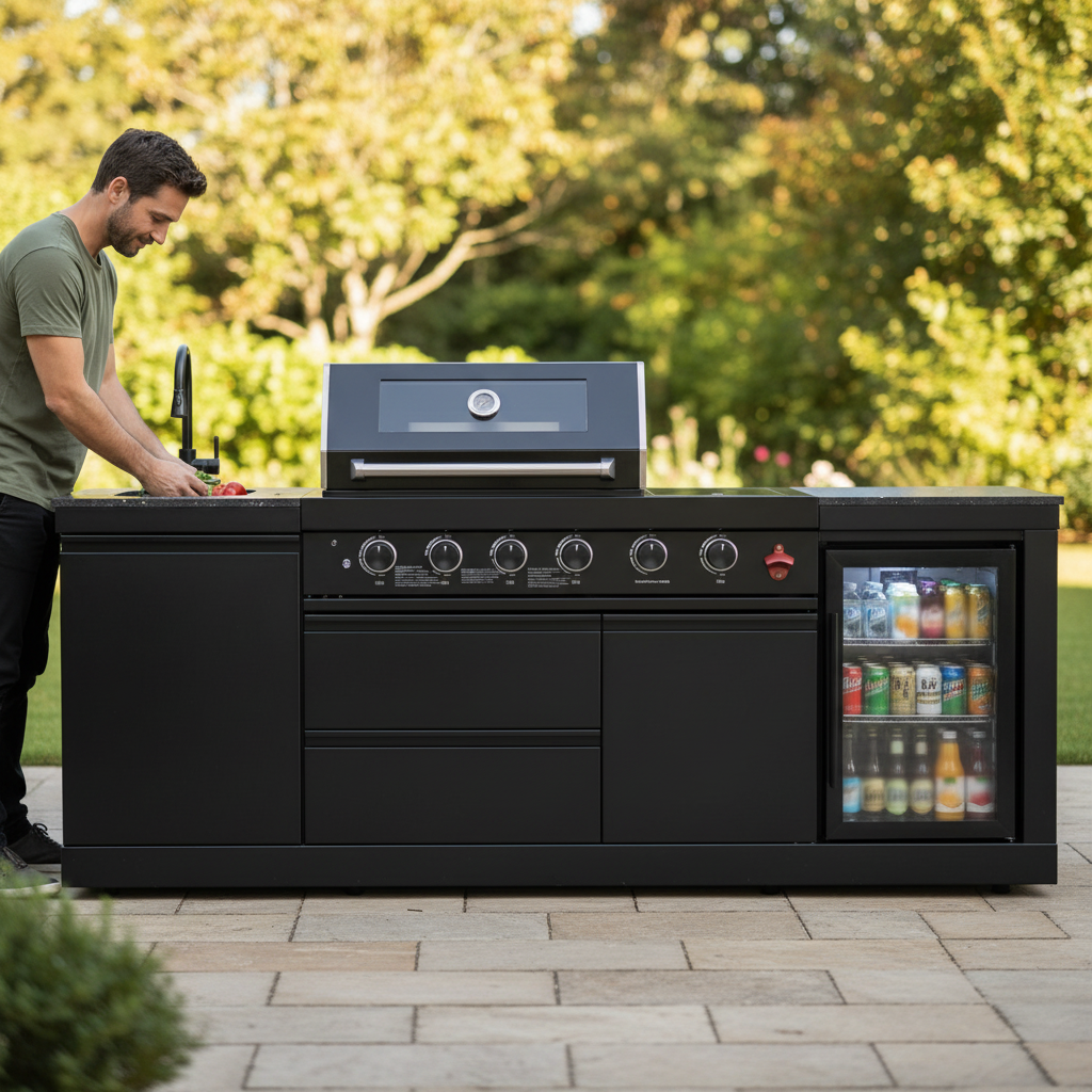 85" 4-Burner 72000 BTU Black Outdoor Kitchen Island Grill with Compact Refrigerator Marble Countertops Sink