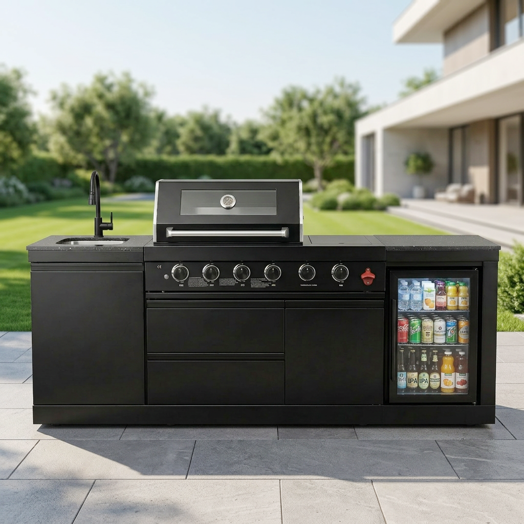 85" 4-Burner 72000 BTU Black Outdoor Kitchen Island Grill with Compact Refrigerator Marble Countertops Sink