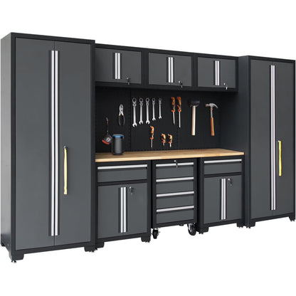 Garage Storage Cabinet System 9-Pcs Workshop Set Garage Cabinets and Storage System with Steel Cabinet Drawers, Rolling Chest, Workbench, Pegboard for Garage Tool Organization, Black