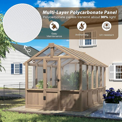 6x10 FT Green House for Outdoor, 6MM Thick Polycarbonate Panel Wooden Walk-in Greenhouse Kit with Lockable Door and Adjustable Roof Vent, Backyard Garden, Light Mocha Brown