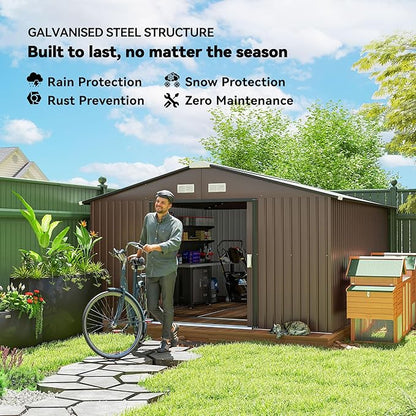 Outsunny 11' x 13' Outdoor Storage Shed, Garden Tool Metal Shed with Foundation Kit, Double Lockable Door, Air Vents and Sloping Roof, for Backyard, Patio, Lawn, Brown