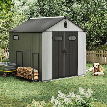 Domi 8x8FT Outdoor Resin Storage Shed with Transparent Windows & Louvered Vents, Plastic Tool Shed with Double Lockable Doors & Gable Roof, Outside Garden Shed for Backyard, Patio, Lawn, Grey